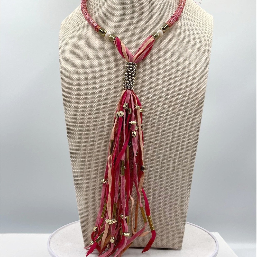MIA Collection Boho Pink Suede Fringe Tassel Statement Necklace Gold Tone Accent